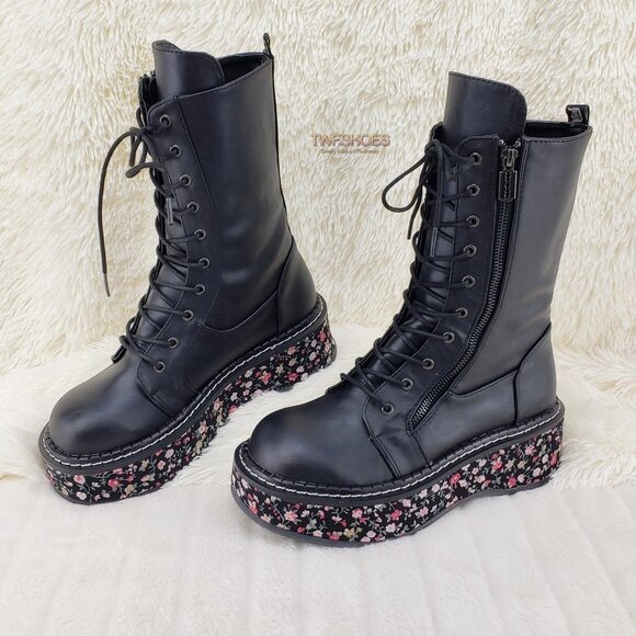 Emily 350 Black FX Leather Floral Wrapped Platform Goth Rock Combat Boots